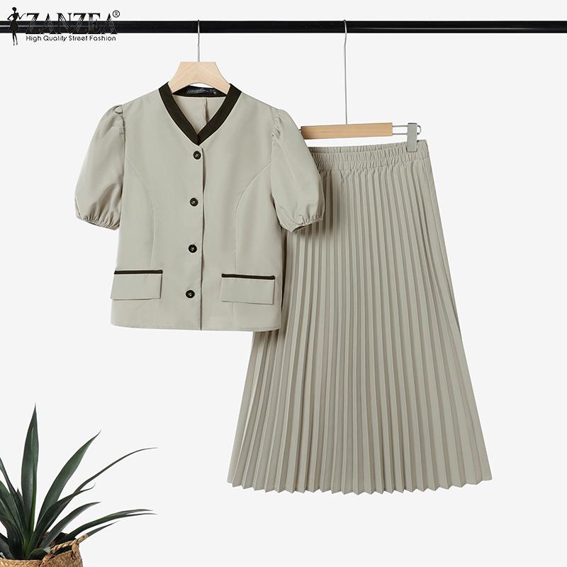 ZANZEA Women Short Sleeve Blouse and Skirts Summer Two Piece Suit Sets