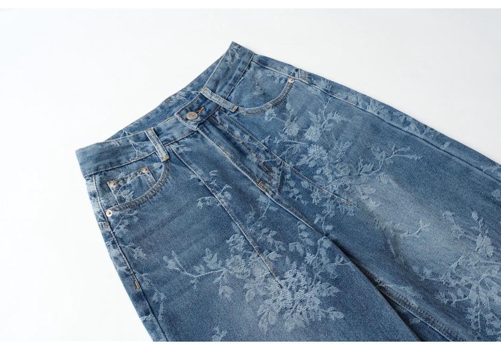 Pantaloni Larghi in Denim Jacquard Blu da Donna - Stile Retrò Designer a Lunghezza Pavimento
