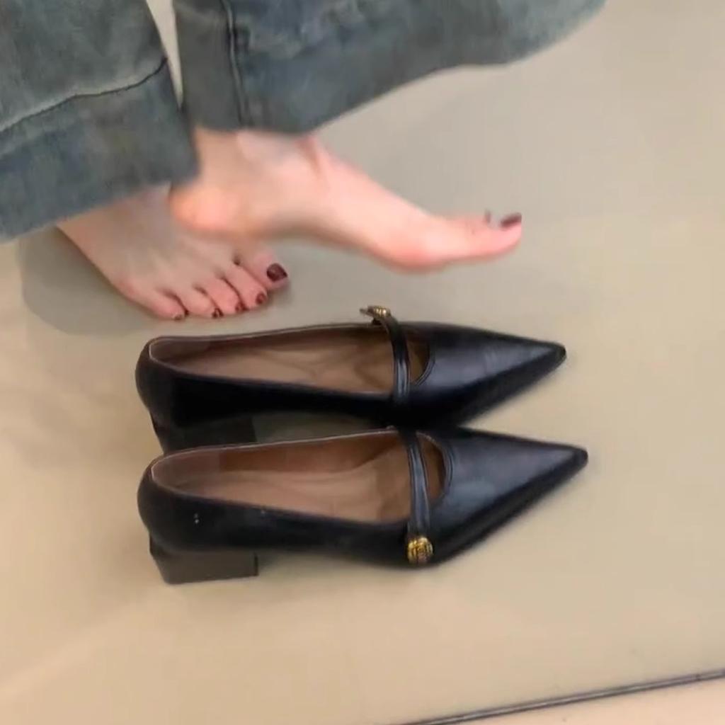 New Style Women's Vintage Low-heeled Women's Shoes Summer Golden Buckle Pointed-toe Comfortable Small Leather Shoes