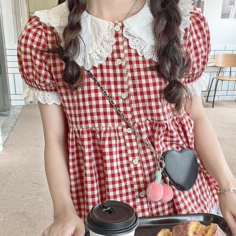 Checkered Doll Collar Lace Women's Shirts Bubble Short Sleeved Single Breasted Shirt Summer Student Versatile Loose Tops