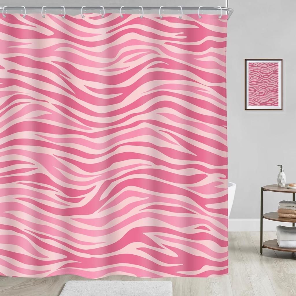 Pink Zebra Print Shower Curtain Retro Girly Animal Pattern Waterproof Polyester Bathroom Decor with 12 Hooks