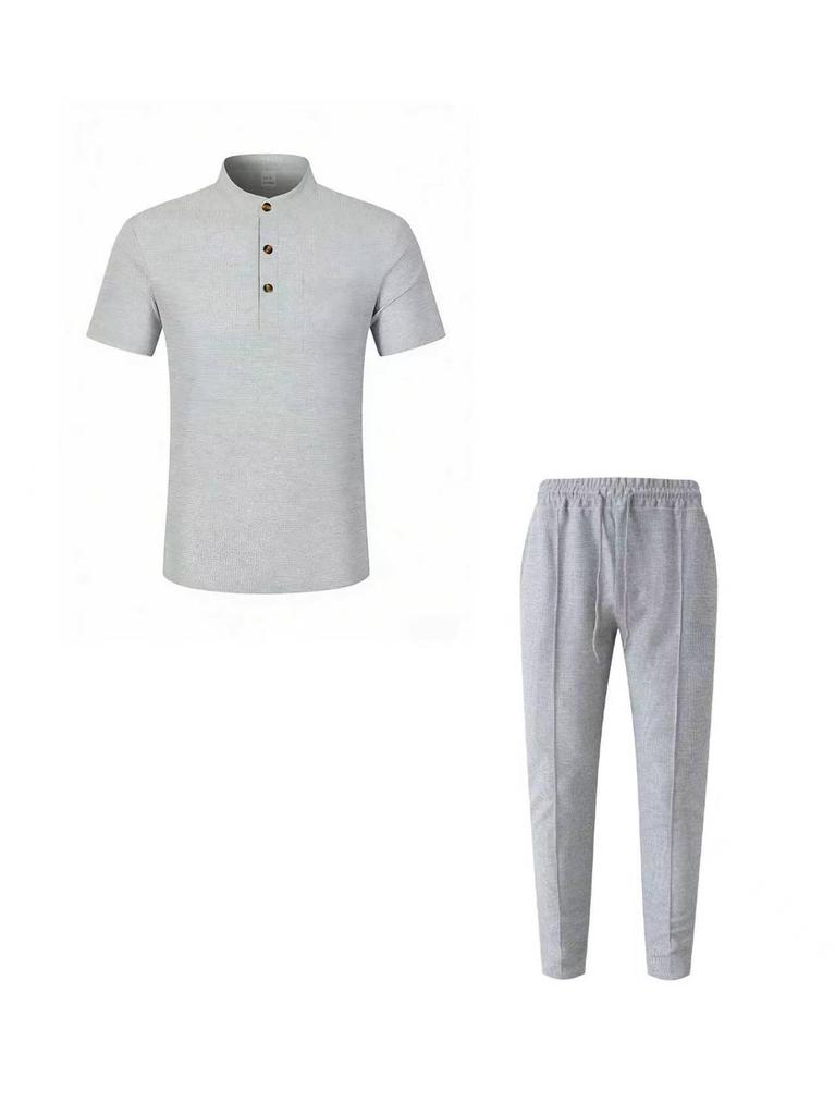 2026 Men's European & American Summer Henley T-Shirt + Drawstring Pants Set