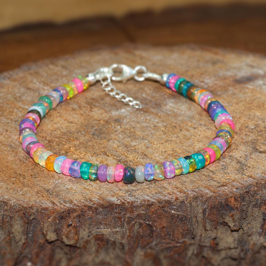 Bracciale con Perle di Pietra Preziosa Multi Opale Naturale, Bracciale Fatto a Mano con Perle di Opale Multifire, Bracciale con Perle di Opale Etiope, Bracciale Delicato in Opale