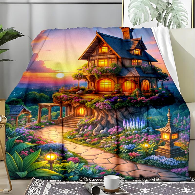 Fairy Cliff House Fleece Blanket, Fantasy Cottage Throw