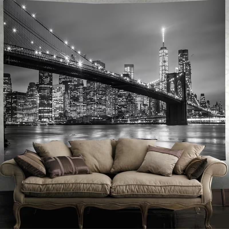 New York City Skyline Tapestry, Brooklyn Bridge Night View Backdrop for Living Room Decor