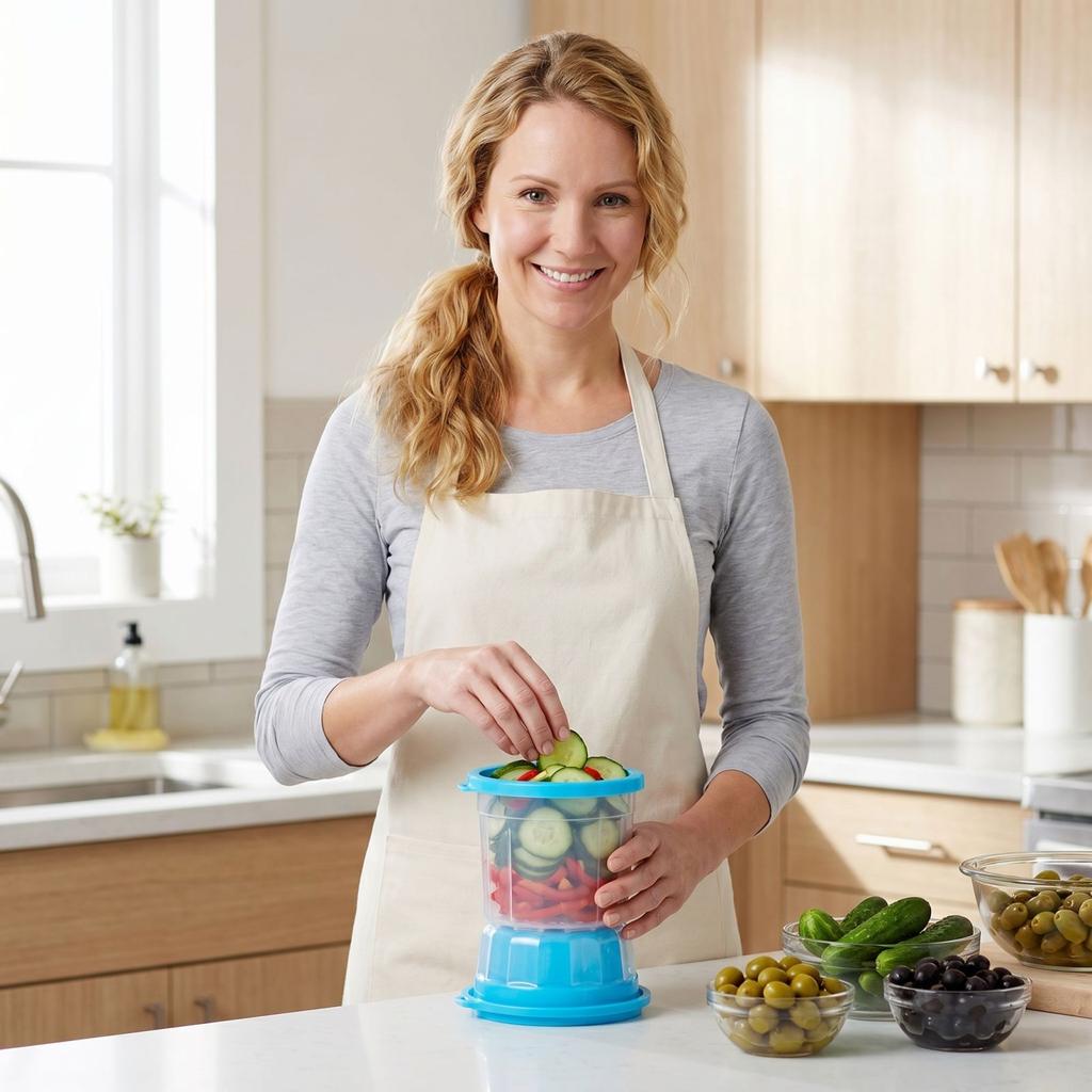 Food Storage Jar Pickling Container with Airtight Lid and Separate Wet Dry Compartments for Refrigerator and Pantry Use