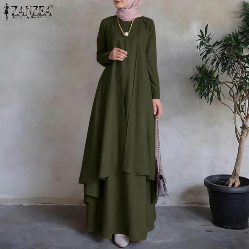 ZANZEA Women O-neck Long Sleeve Dress Muslim Fashion Loose Long Dress
