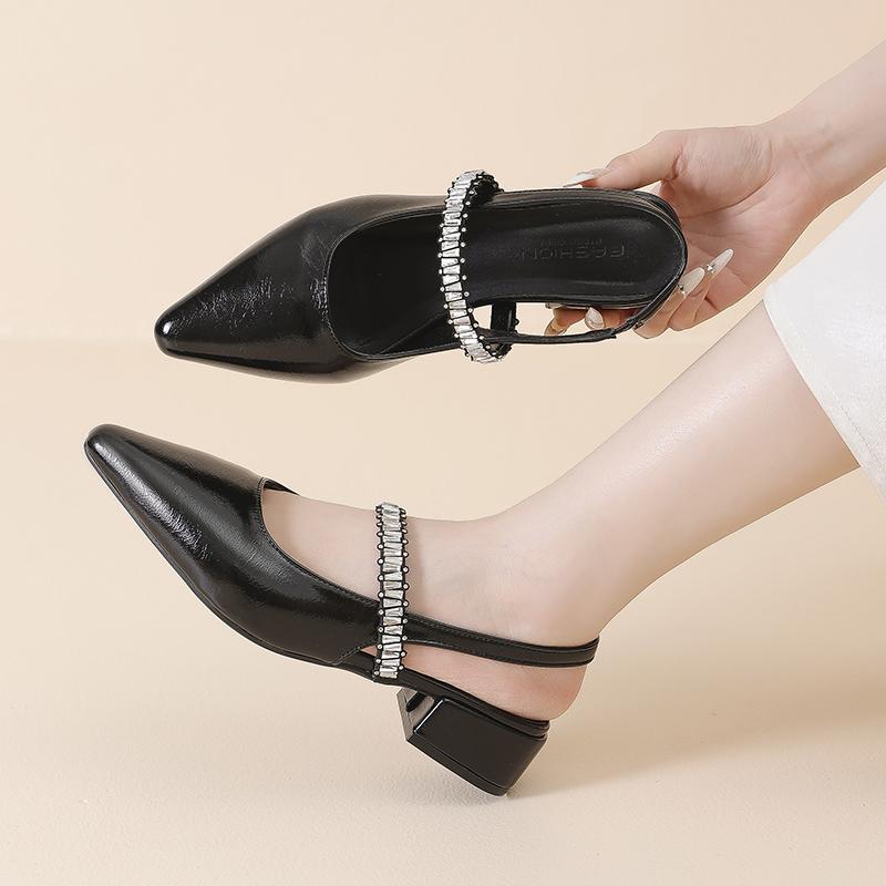 Summer Lady New Women's Shoes Back Strap Pointed Rhinestone Low-Front Cover Foot Flat Bottom Casual Shallow Mouth Simple Sandals