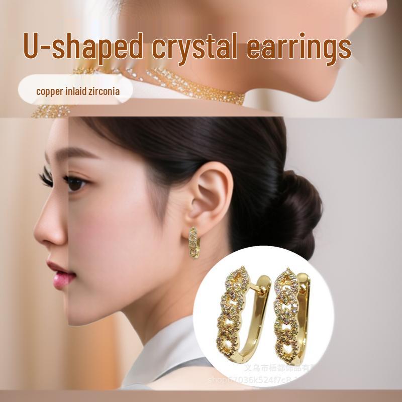 Luxury Zirconia Ear Cuff Earrings for Women - U-shaped, Exaggerated Vacation Style Copper Inlaid Zirconia Earrings