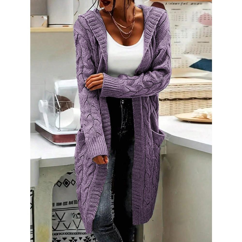 

Кардиган с капюшоном, вязаный свитер нового стиля, однотонное пальто с длинным переплетением и карманами для женщин XXXL фиолетовый