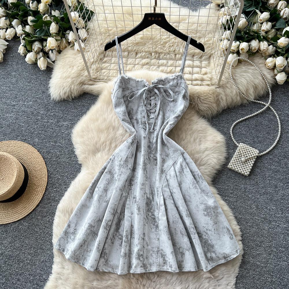 Sweet girlish style strap waist A word suspender denim dress women's summer thin age-reducing strap short skirt