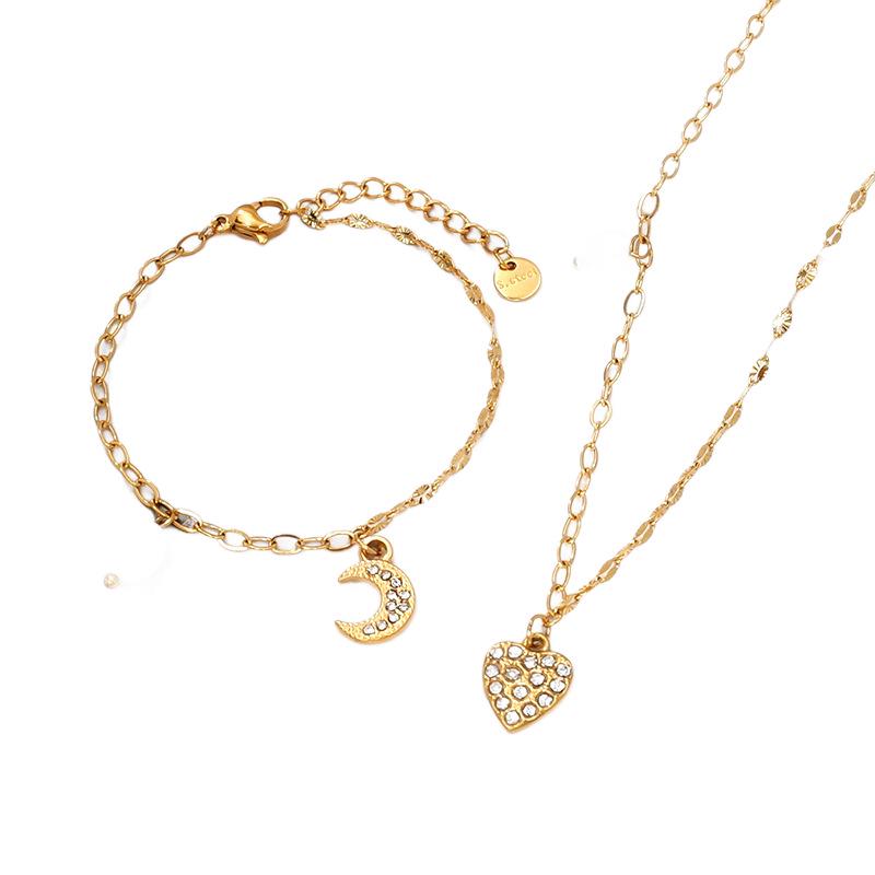 Gold-Plated Zircon Heart Necklace & Bracelet Set with Pearl Moon Pendant – Versatile, High-End Women's Accessories