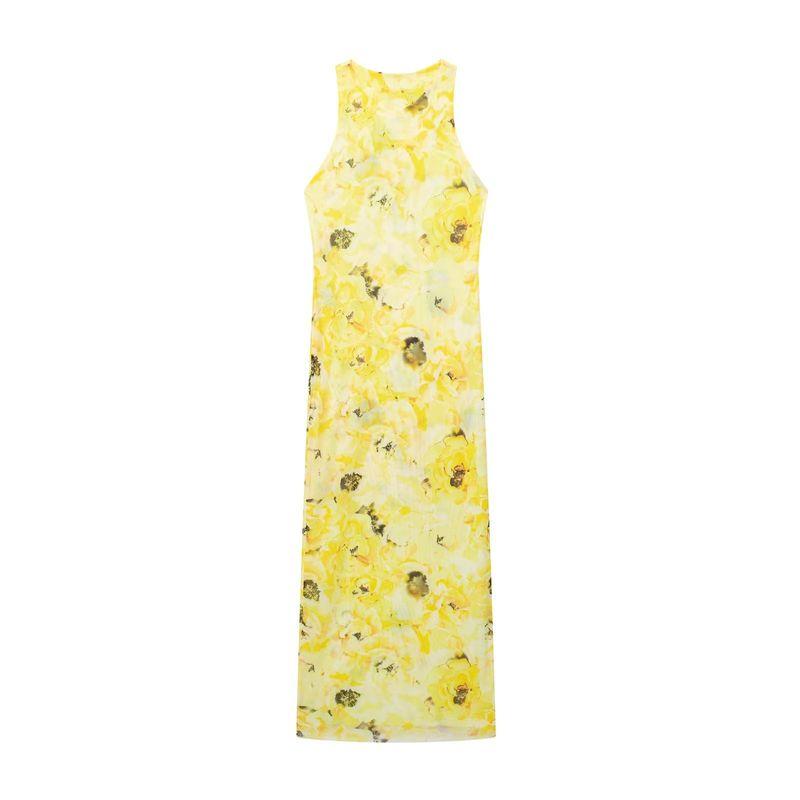 

Kaslead New Arrival Women s Fashion Style round Neck Sleeveless Printed Silk Net Dress 5039627 119 Yellow S