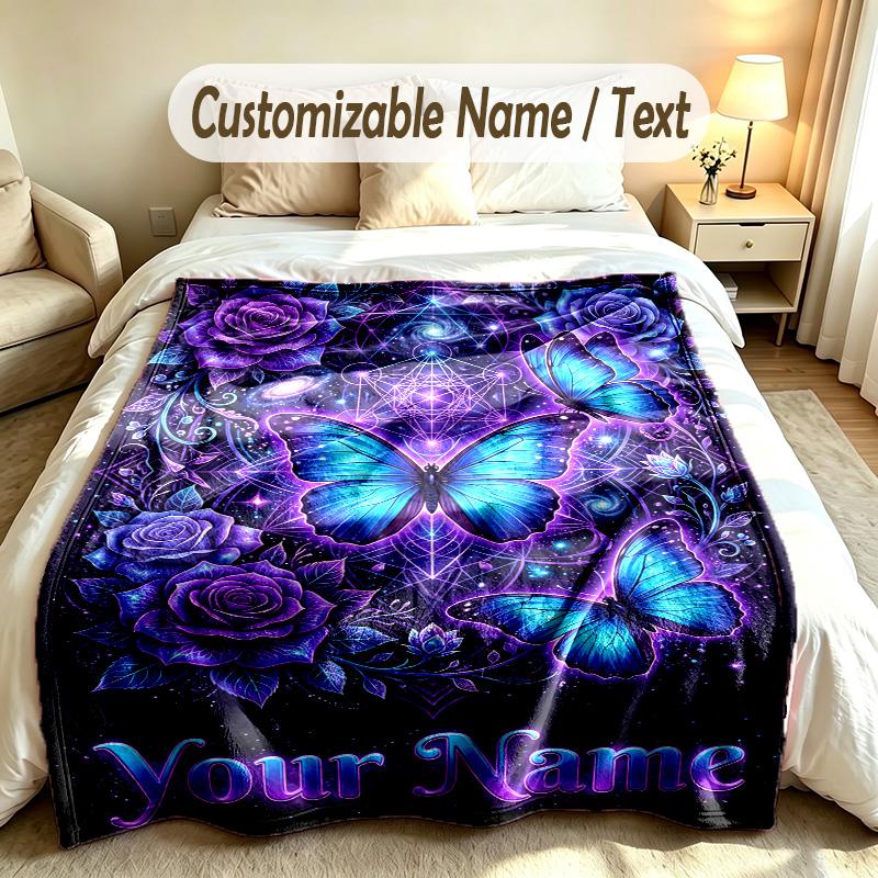 Butterfly Theme Soft Blanket Personalized Custom Name Text Print Warm Blanket Home Sofa Bedroom Decor