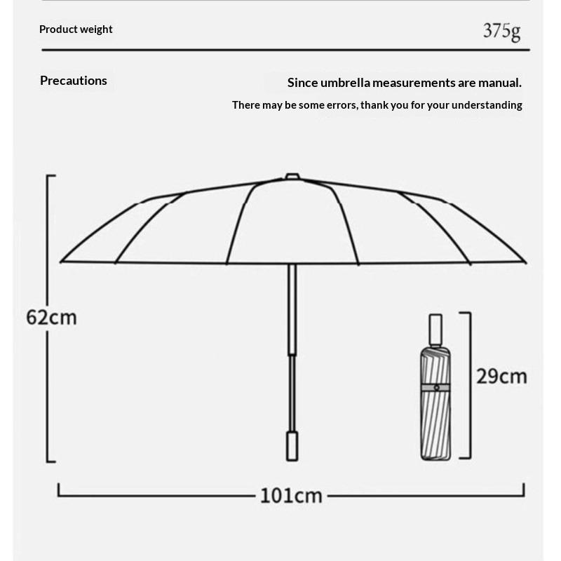 Bamboo Design 16-Rib Folding Umbrella - Large Windproof Sun Rain Parasol with UV Protection