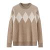 Men's Retro Diamond Pattern 100% Wool Sweater - Thick Knit Round Neck Pullover for Autumn/Winter