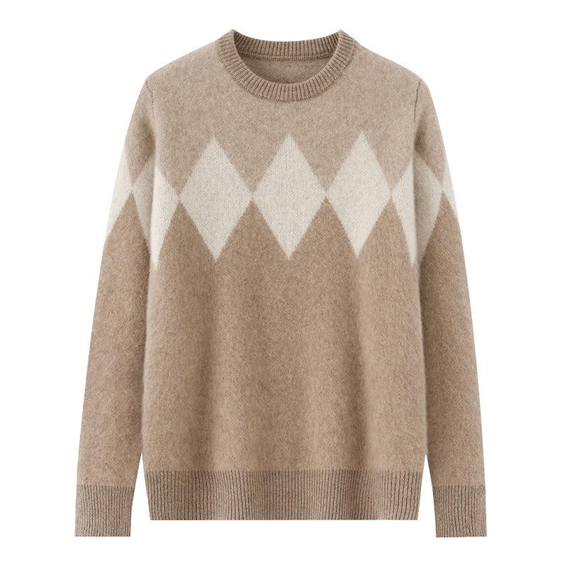 Men's Retro Diamond Pattern 100% Wool Sweater - Thick Knit Round Neck Pullover for Autumn/Winter
