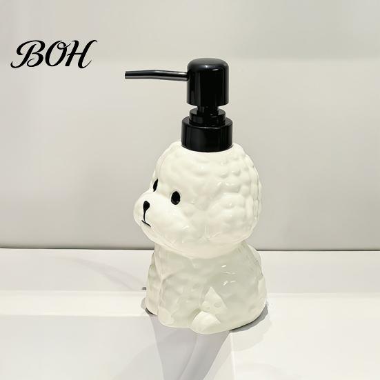Shampoo Dispenser Bottle 400ML Ceramic Dog Soap with Plastic Pump, Puppy Shape Refillable Pump Head Liquid Hand Container, Empty Shower Gel Lotion for