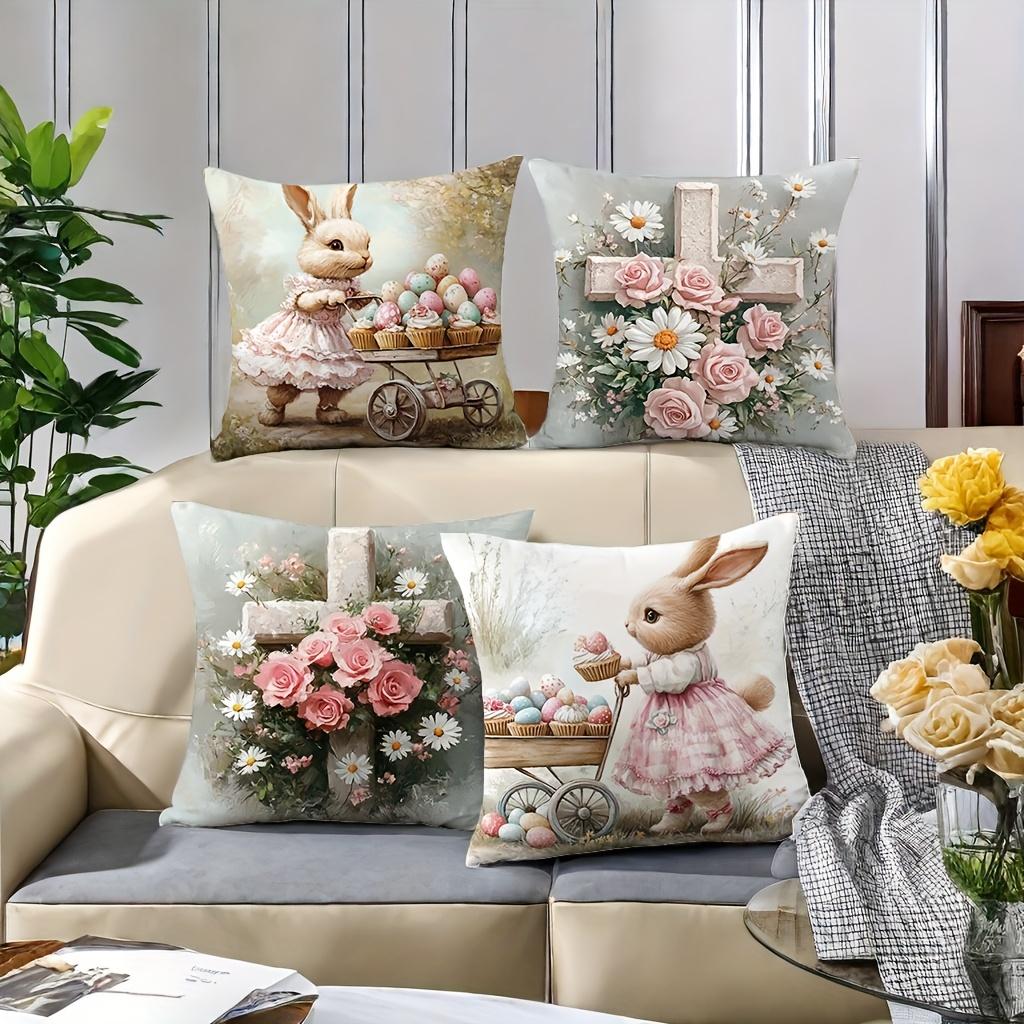 4 Easter Rabbit Pillow Covers Warm And Comfortable Polyester With Zipper Closure Machine Washable Perfect For Living Room Sofa