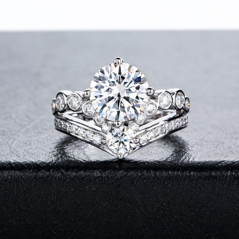925 Sterling Silver Moissanite Crown Ring Set in 18K Gold - Light Luxury Women's Wedding Stacking Rings
