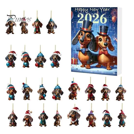 Calendario del Conto alla Rovescia per le Feste Calendari dell'Avvento Bassotto 2026, 24 Giorni Ciondolo Acrilico 2D Set di Ornamenti Cane Carino di Natale Calendario, da Collezione