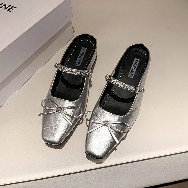 

2025 Баотоу туфли-лодочки женские весна лето серебристые стразы новый бант вечерний стиль полубосоножки носить на плоской подошве мягкие 41 серебряный