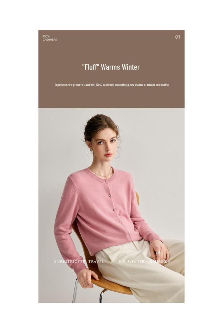 Women's 100% Pure Cashmere Round Neck Knit Cardigan - Loose, Versatile, Solid Color, Long Sleeve, Warm Autumn/Winter Outerwear