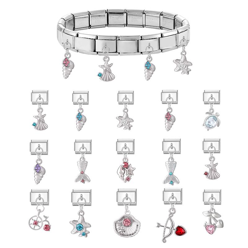 Zircon Turtle Starfish Conch Fishtail Cherry Pendant Italian Charm Links Fit 9MM Stainless Steel Bracelet Women DIY Making Gifts
