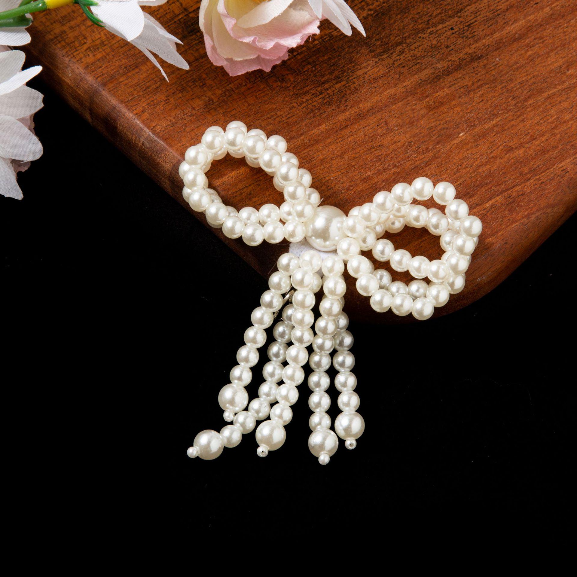 Корейская серебряная белая жемчужная заколка для волос с бантом и кисточкой