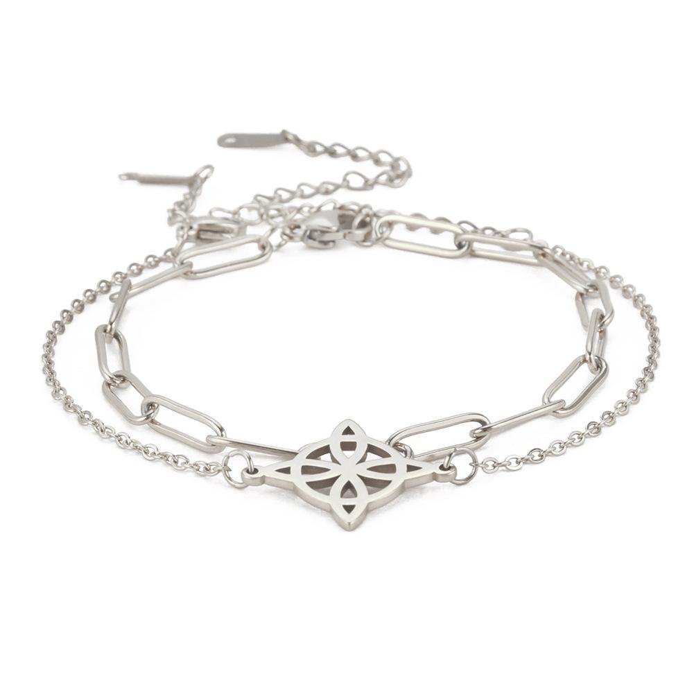 Double Layer Stackable Welded Cross Chain with Hollow Four Leaf Clover Round Pendant Bracelet