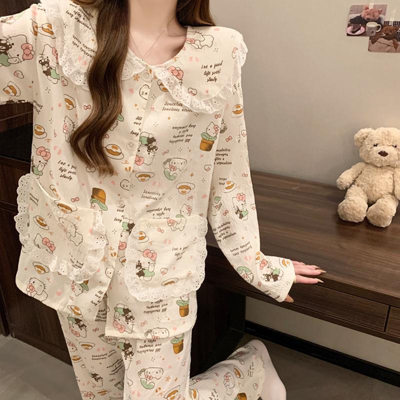 Dessert Cute Lace Doll Collar Pajamas Women'S Spring And Autumn Cloud Cotton Long Sleeves Cute Cartoon Loungewear Set