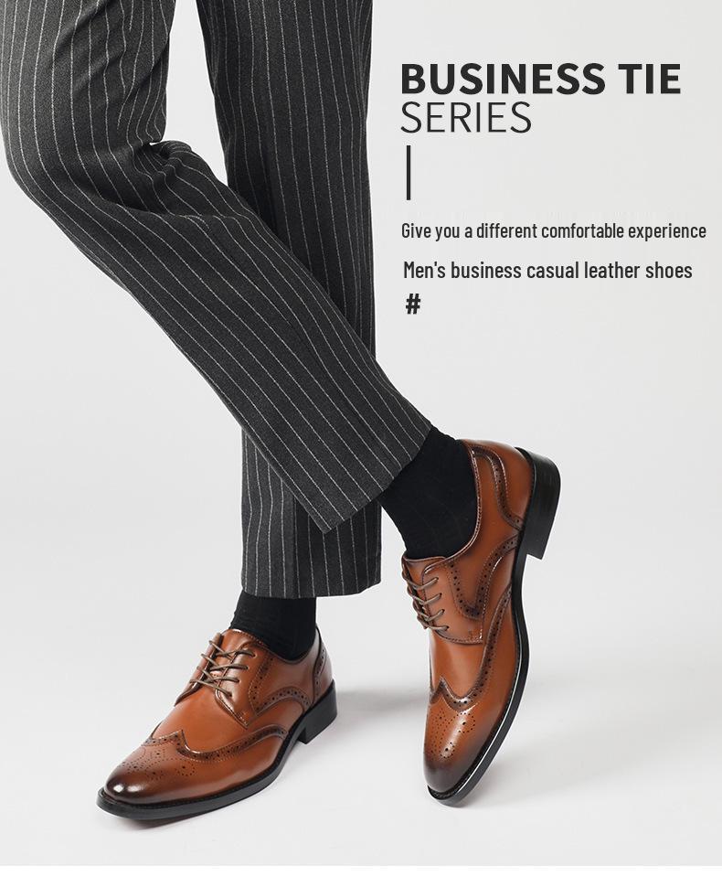 New Men's English Style Hidden Heel Derby Brogue Leather Shoes - Pointed Toe Lace-Up Design for Formal and Casual Wear