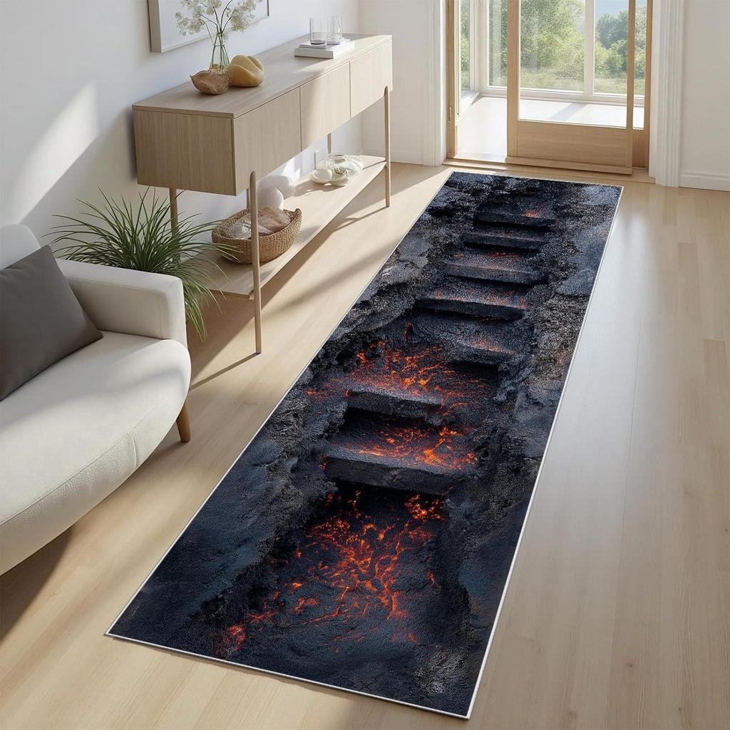 3D Optical Illusion Volcano Runner Rug Volcanic Lava Hallway Carpet Non-slip Home Decor Floor Mat for Living Room Bedroom