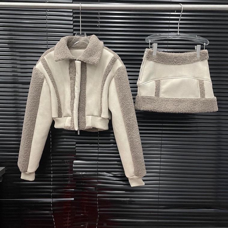 

2025 Autumn/Winter Plush-Lined Jacket & Patchwork Skirt Set Small светло-серый