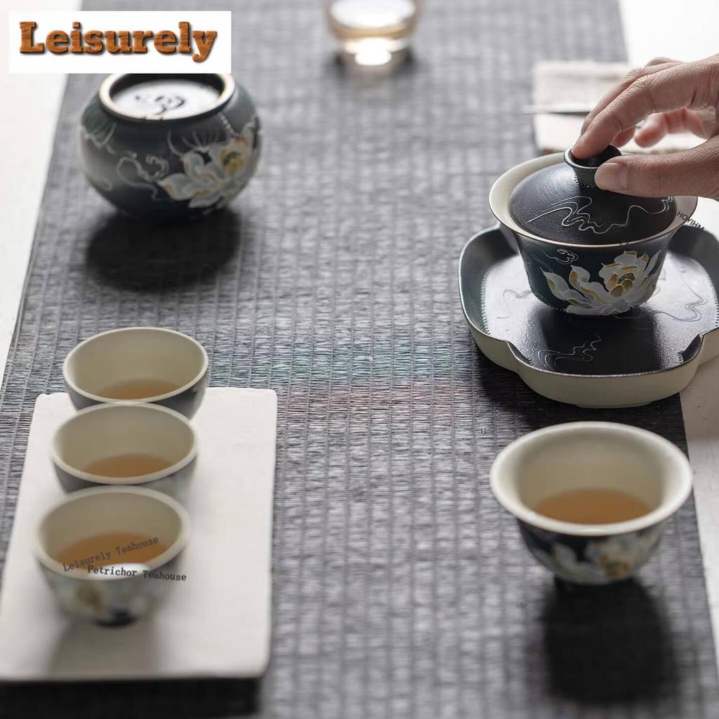 111ml Auspicious Clouds Ink Lotus Gaiwan Zen Tea Tureen Tea Bowl With Lid Kit Tea Maker Cover Bowl Kung Fu Tea Set Collection