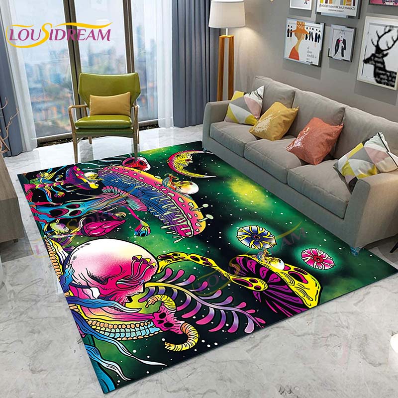 3D Starry Botanical Sun Moonlit Mushroom Rug Floral Hippie Moon Phase Carpet for Aesthetic Bedroom Living Room Vintage Game Mat