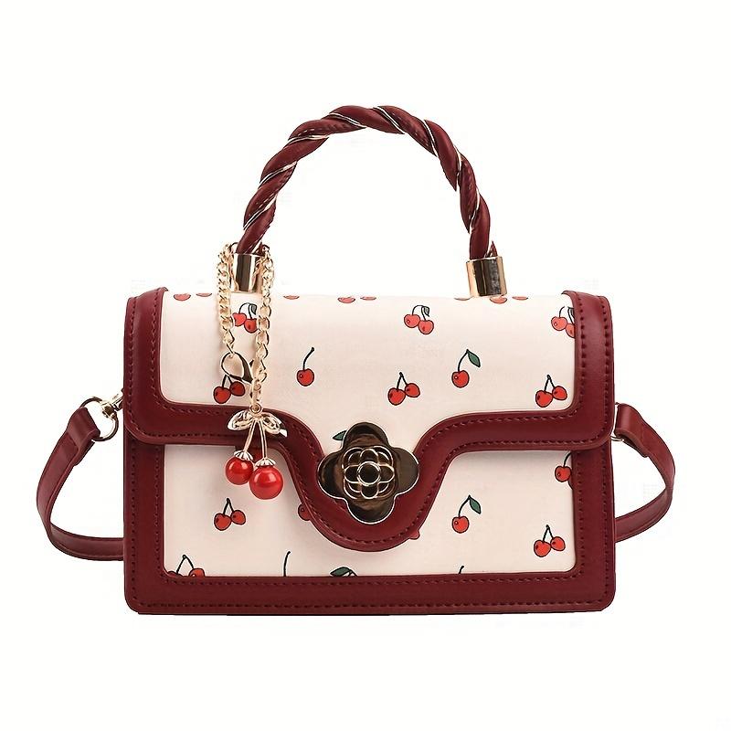 Cherry Print Handbag for Women, Sweet Mini Crossbody Bag, Stylish Flower Lock Shoulder Bag Square Purse