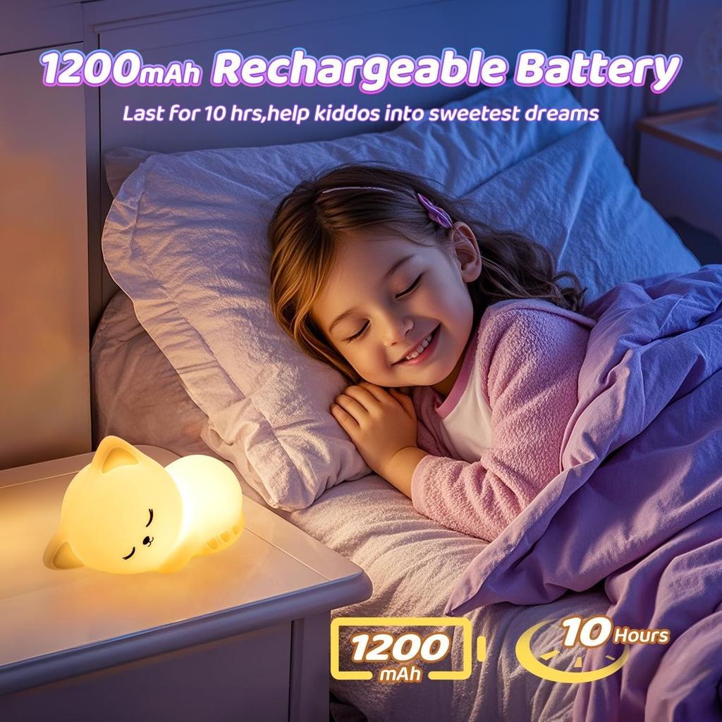 Night Light for Kids,16 Colors Cat Lamp Cute Lamp,Dimmable Baby Night Lights for Nursery,Silicone Rechargeable Nightlight for Kids Room,Kawaii Room