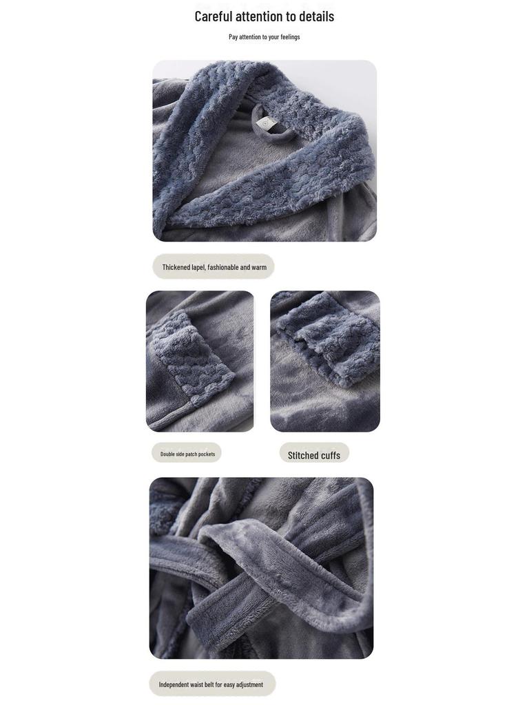 Men's Coral Fleece Robe - Autumn/Winter, Thick, Homewear Pajamas