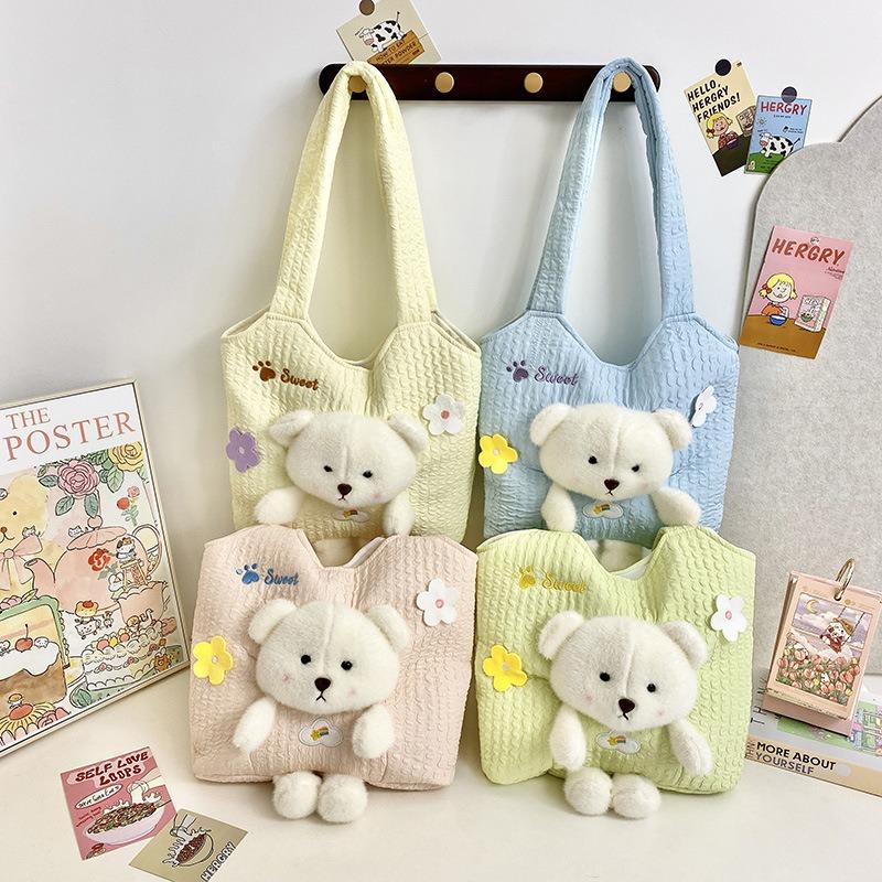 New Cartoon Canvas Bear Women's Bag Cute Girl Plush Doll Handbag Large Capacity Messenger Bag