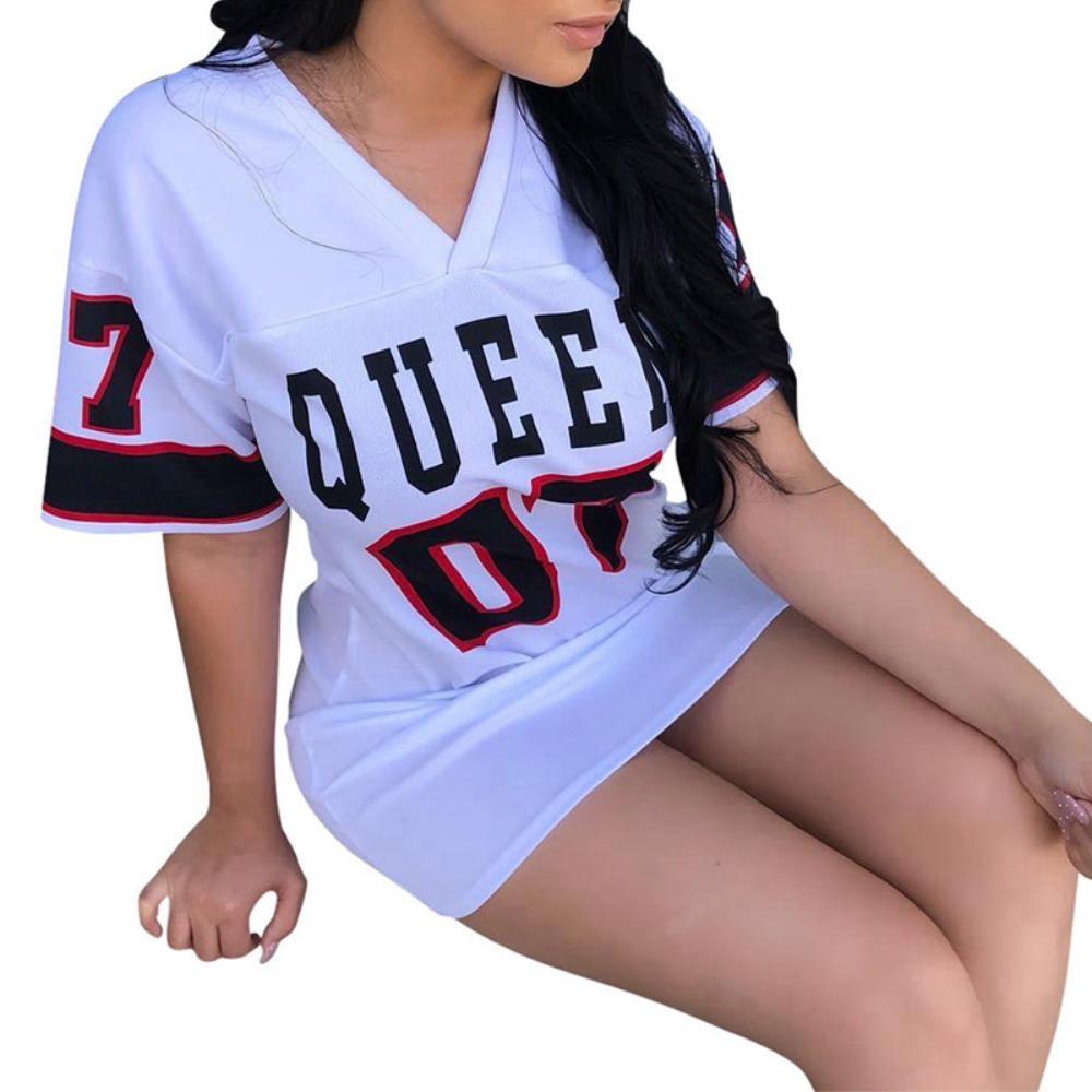 Women's V Neck Short Sleeve T Shirt Dress Loose Fit Streetwear Mini Dress With Queen 07 Letter Number Print For Casual Daily