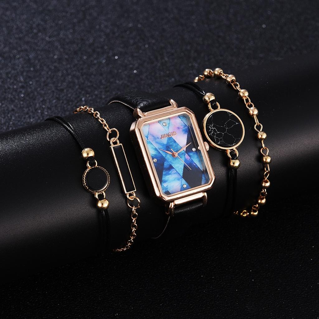 (Armband inklusive) Damenuhr mit quadratischem Zifferblatt und Lederarmband