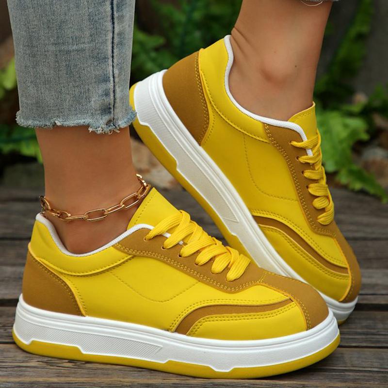 Fashion Pu Leather Sewing Sneakers Woman Spring Autumn Fashion Mixed Color Sports Shoes Women Platform Lace Up Vulcanize Shoes Female