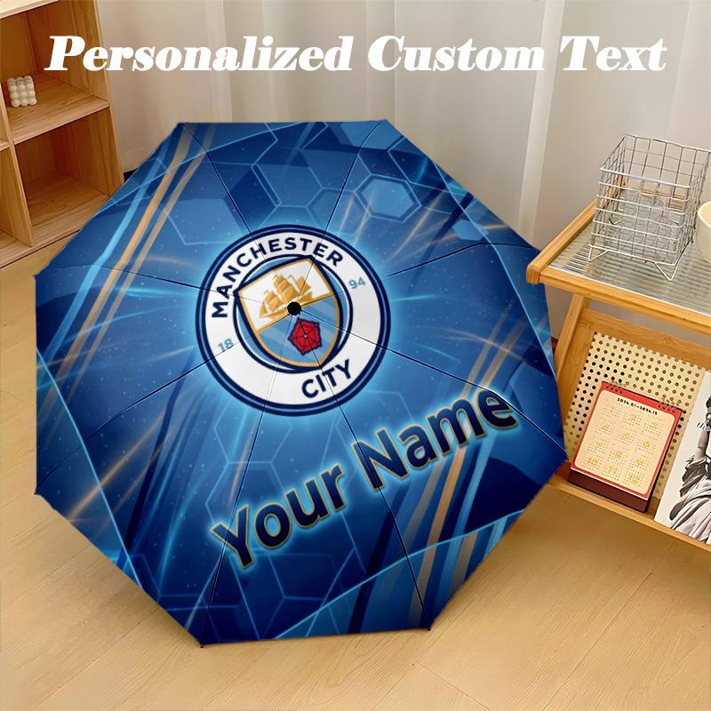 8 Rib Auto Folding Umbrella Manchester City Print Custom Name Text Portable Rain Gear