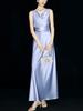 High-End Acetate Glossy Swing Collar Dress: Summer Socialite Style with Pleated Waist-Cinching and Luxe Texture.