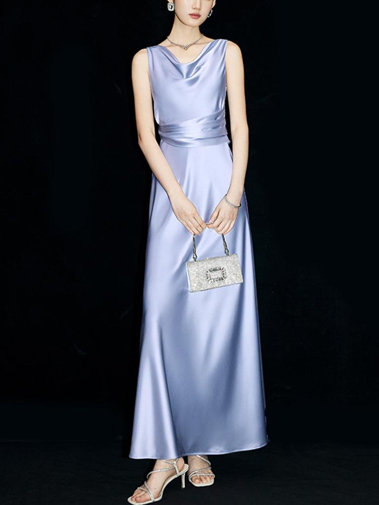 High-End Acetate Glossy Swing Collar Dress: Summer Socialite Style with Pleated Waist-Cinching and Luxe Texture.