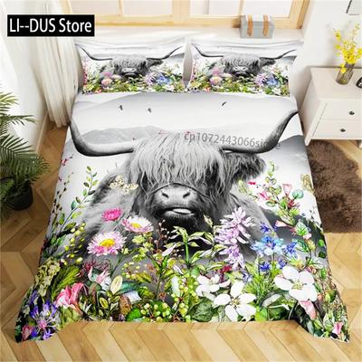 Funda Nórdica Vaca Highland, Flores Acuarela Animales Plantas Juego de Cama 2/3 piezas Para Mujeres Hombres Adultos Decoración de Habitación, a la Moda