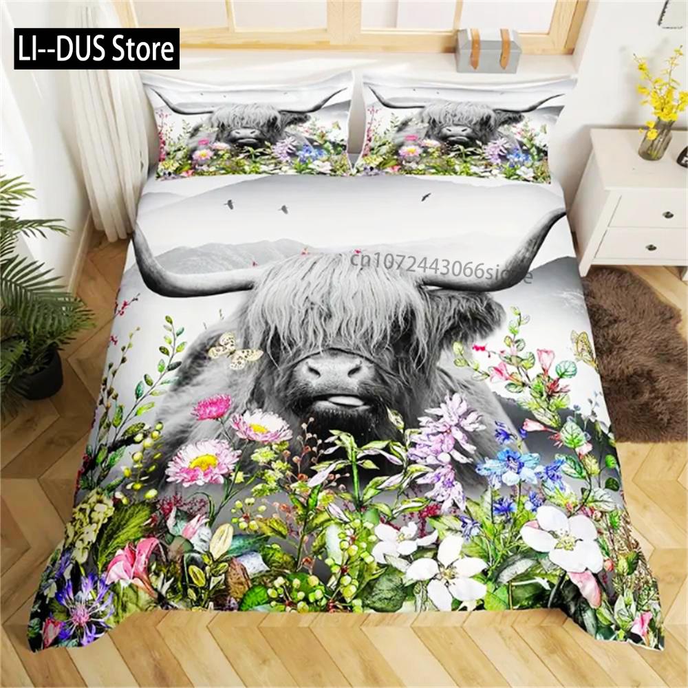 

Одеяло Хайлендская корова Акварельные цветы Животные Растения Комплект постельного белья 2/3 шт. Для женщин Мужчин Взрослых Декор комнаты Модный Comforter (quilt)-EU Single(135*200cm)3pcs