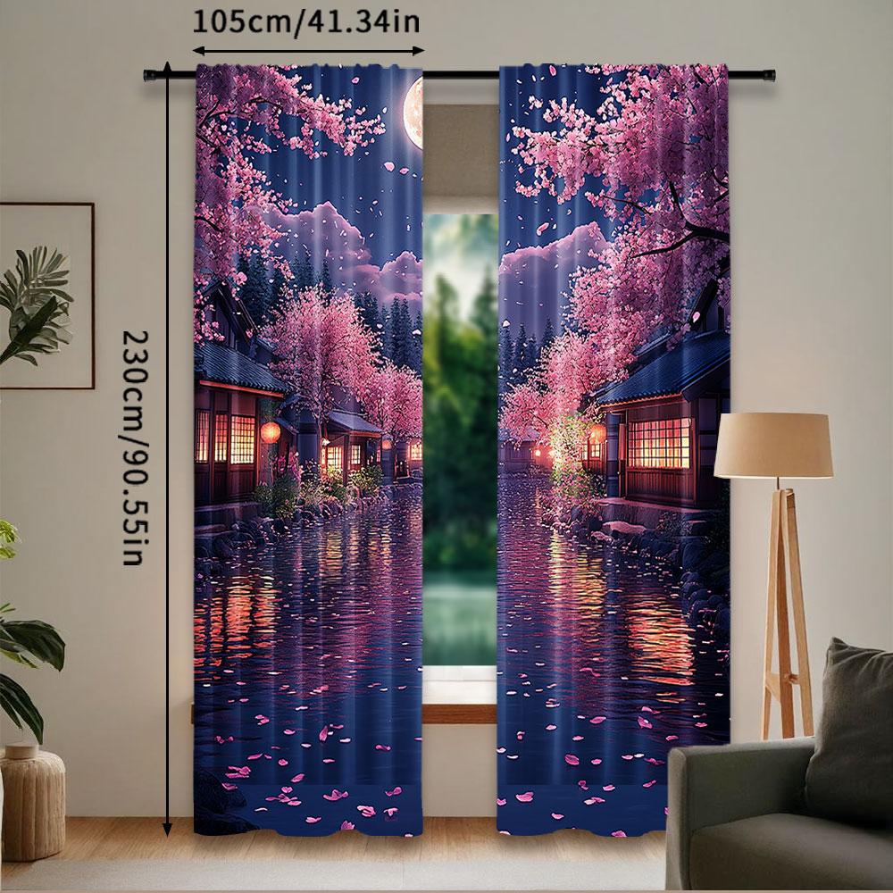 2 Stück Kirschblütenvorhang Japanischer Stil Vorhang Romantische Mondscheinnachtszenerie Rosa Blau Für Schlafzimmer Wohnzimmer Esszimmer