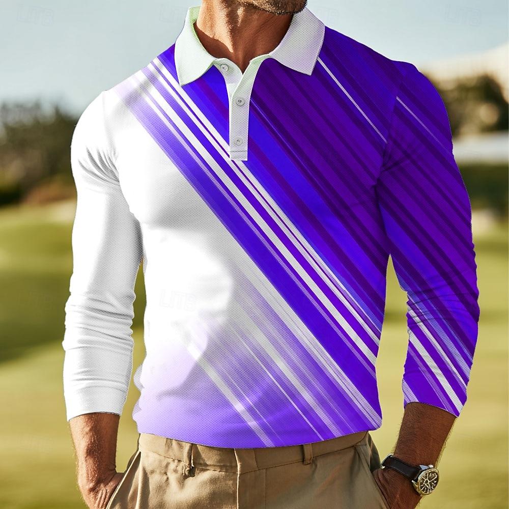 Fall Winter Men'S Abstract Geometic Long Sleeve Polo Shirt Breathable Casual Top Slim Fit Quick Dry Classic Collar Multi Colors
